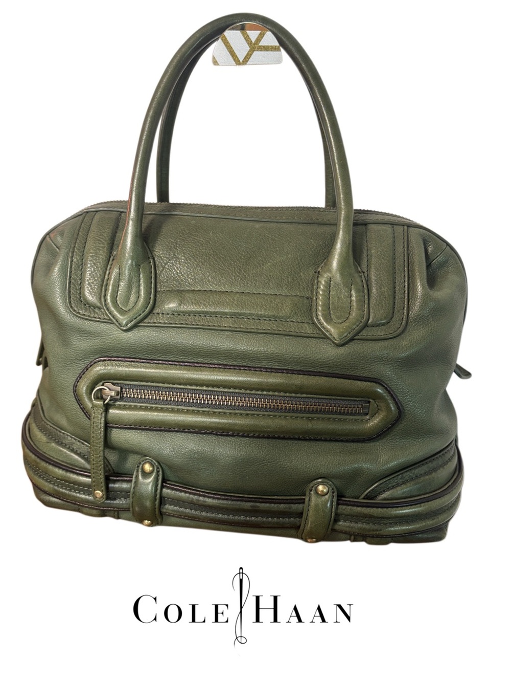 Cole Haan Vintage Green Lambskin Leather Satchel with Top Handle Design
